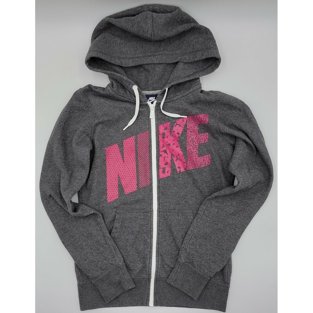 Nike Women's Gray Pink Full Zip Hooded Graphic Activewear Jacket Size XS #C162